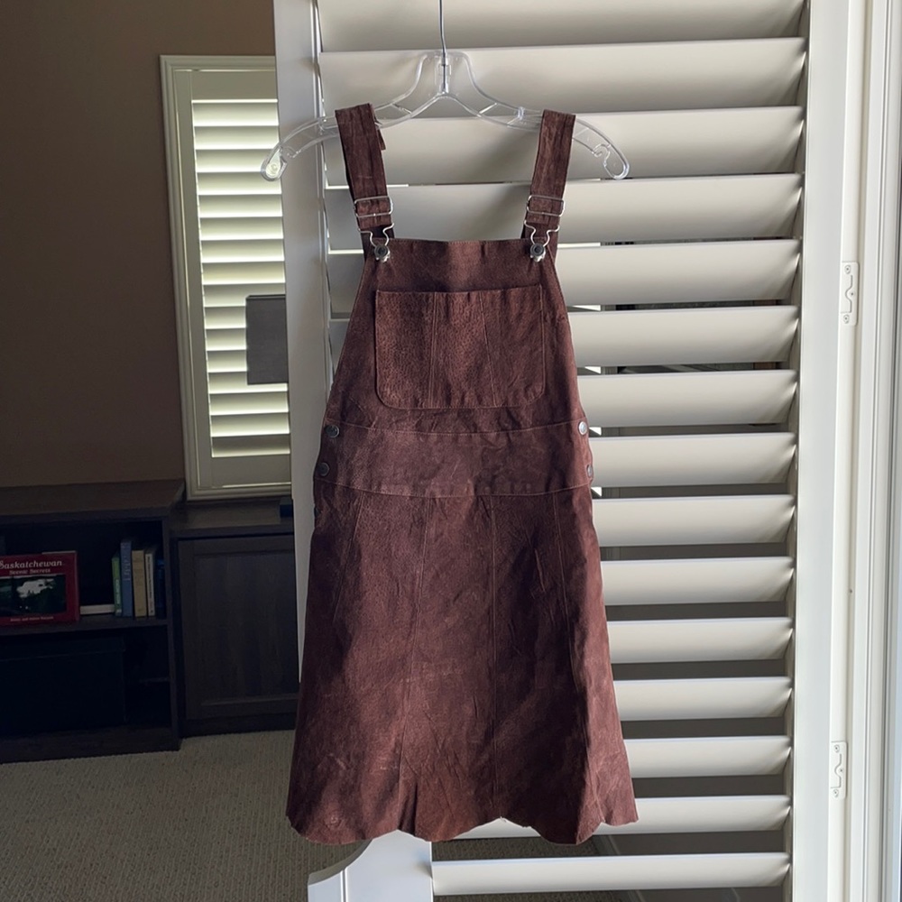 Vintage. Real suede leather mini overalls dress